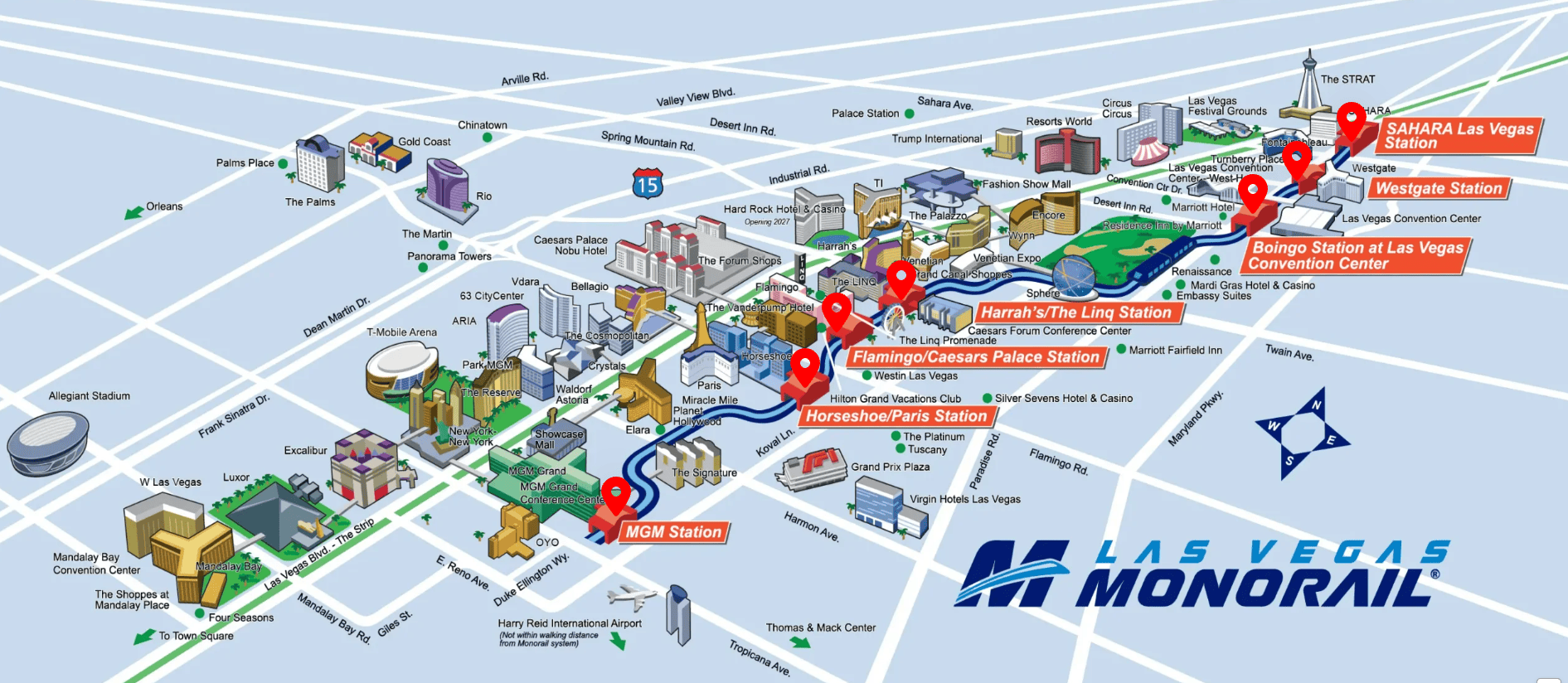 Map of the Las Vegas Monorail System with marked stops
